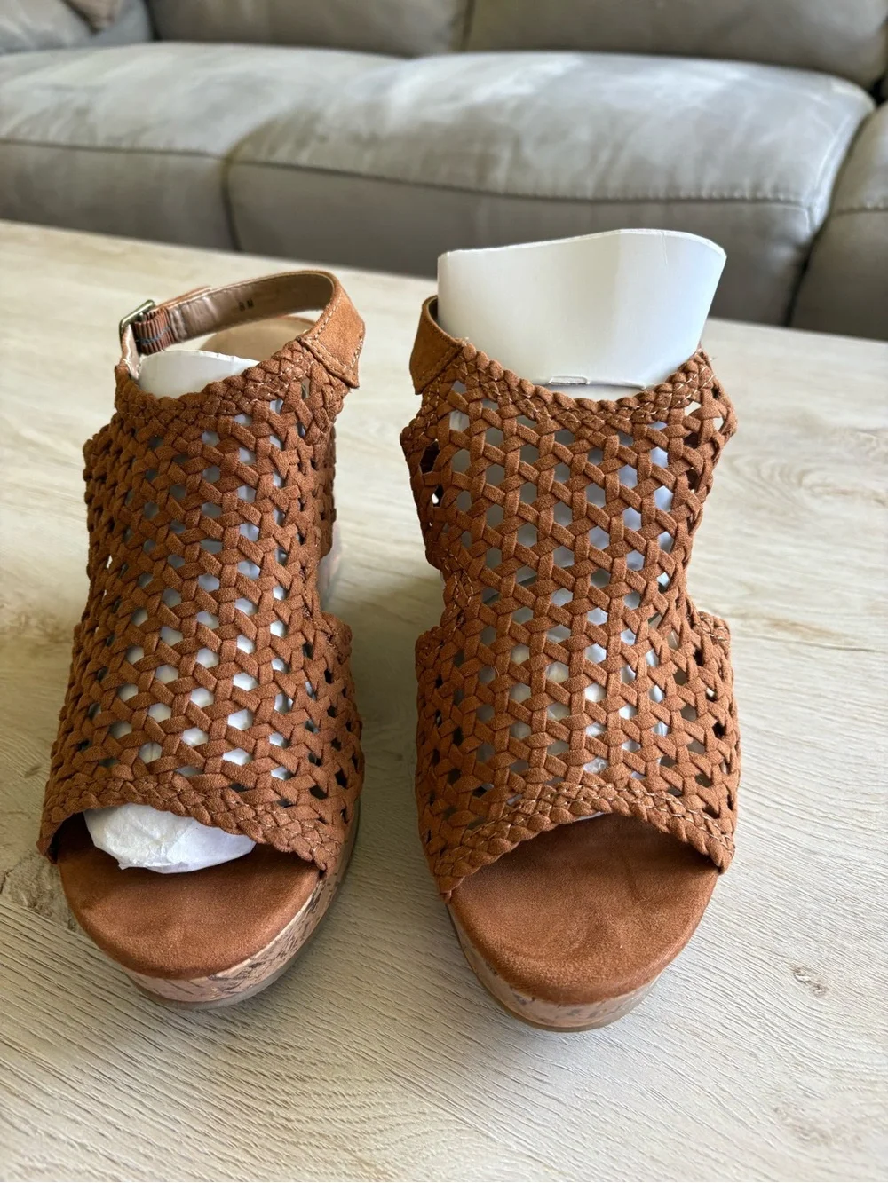 Mudd Cognac Woven Boho Cork Wedge Sandals Size 8M Ankle Strap Platform
